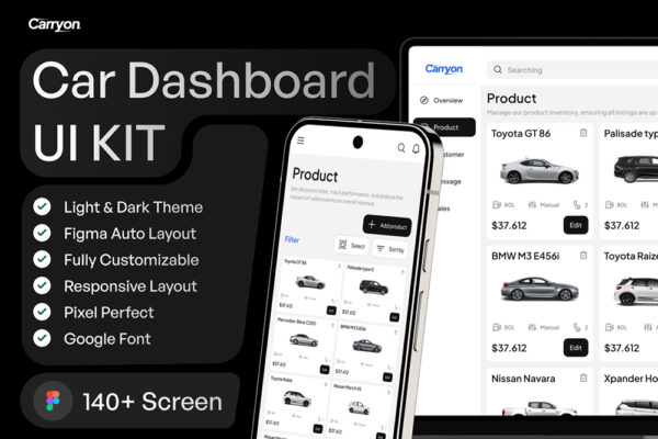 134+现代极简汽车销售仪表盘数据分析产品展示web网页网站APP移动应用UI设计套件CarryOn – Car Sales Dashboard UI KIT-第7727期-