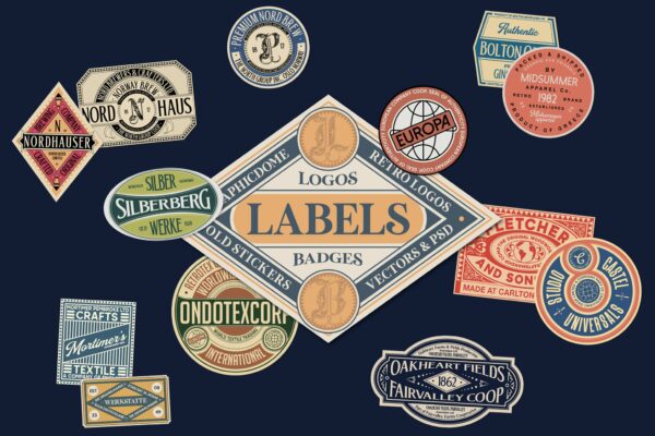 20款复古logo徽标标签贴纸AI矢量设计套装Retro Vintage Labels