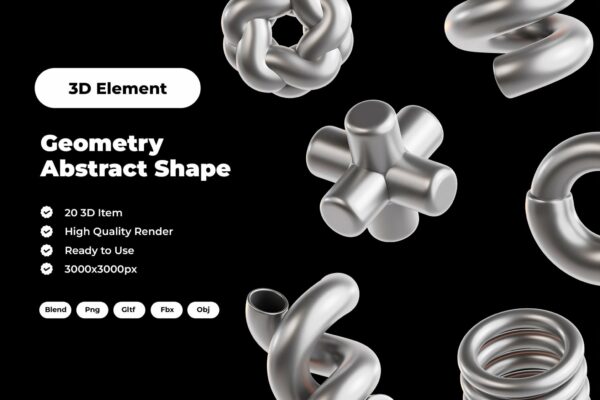 3D金属镀铬抽象艺术几何图形PNG图片icon图标Blender模型设计套装 Geometry Abstract Shape