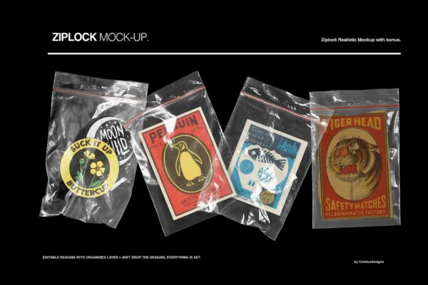 复古质感塑料袋卡片贴纸logo设计展示PSD样机Cd ZIplock Plastic Mockup