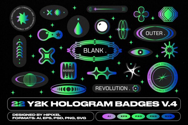 22款复古全息Y2K徽标logo徽章贴纸AI矢量设计套装Y2K Hologram Badge Stickers V.4