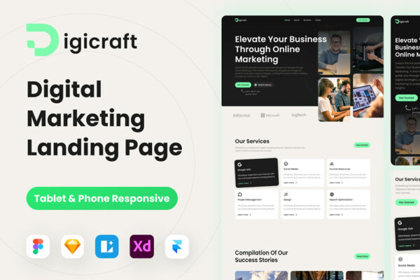 现代极简数字营销在线业务网站网页APP移动应用程序登录页面UI设计套件Digicraft – Digital Marketing Landing Page Template