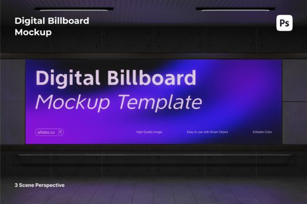 极简地下通道发光灯箱数字化广告牌banner海报设计展示PSD样机Digital Billboard Mockup