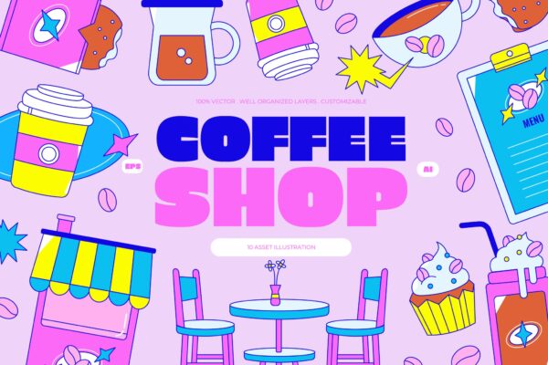 10款趣味卡通粉色咖啡店铺品牌AI矢量插画插图设计套装Pink Flat Coffee Shop Asset Illustraion Set