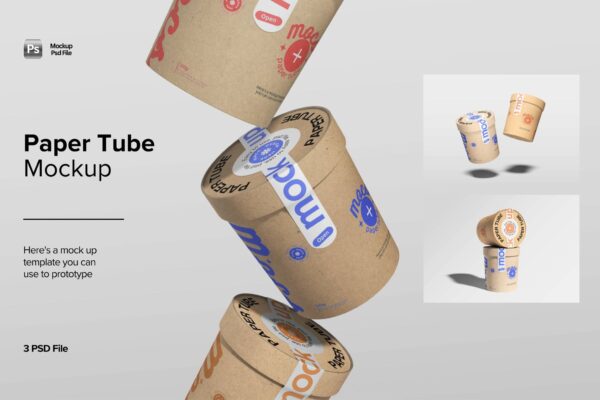 3款纸盒天地盒外卖食品包装盒纸筒PSD样机Paper Tube Mockup