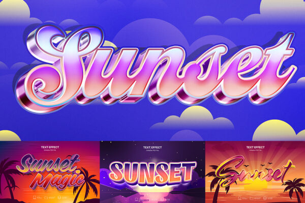 10款蒸汽波3D立体落日Y2K夏威夷度假风文本标题logo徽标PSD特效样机Sunset text effect set-第7824期-