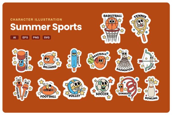 趣味卡通复古夏季运动角色IP矢量插画插图贴纸设计套装Summer Sport Character Illustration