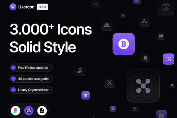 3000+现代热门多类别网站应用程序UI图标icon矢量SVG/Figma图形logo徽标设计套装3000+ Solid Icon Styles Uxercon Icon Library v2.0-第7652期-