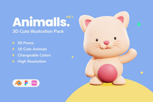 50+3D趣味可爱动物角色PNG插画插图Blender模型设计套装Animalls – 3D Cute Illustration Pack