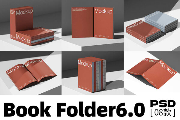 8款质感书籍画册杂志笔记本封面内页设计展示PSD样机套装Book Folder Mockup 6.0 By Showcase-第7661期-