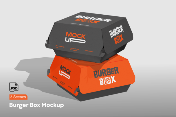 现代极简汉堡快餐包装盒纸盒PSD样机Burger Box Mockup