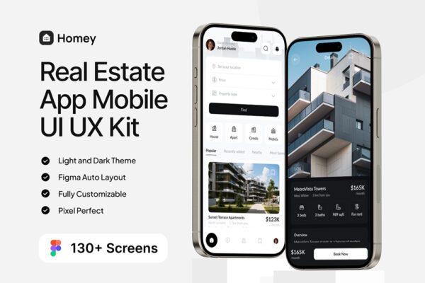 130+现代极简房地产移动应用APP页面组件UI设计套件Homey – Real Estate Mobile App UI KIT