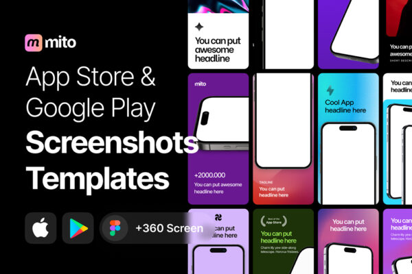 360款现代APP移动应用商店手机屏幕UI设计展示Figma设计模板套装Minto – Appstore and Google Play Screenshot Templates-第7632期-