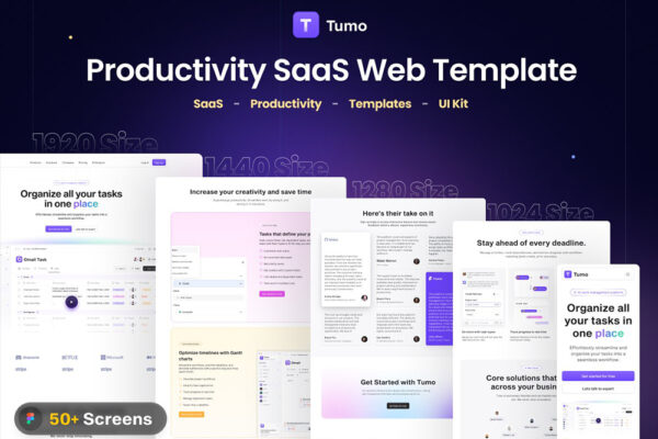 50+现代极简多功能 SaaS Web生产力工具平台网站网页APP移动应用页面布局UI设计套件Tumo – Productivity SaaS Web Template UI Kit