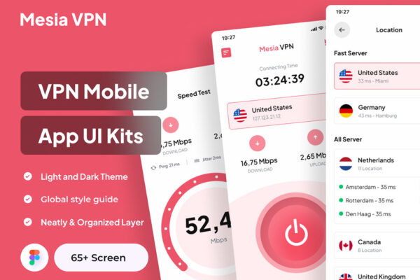 65+现代极简VPN流量上网软件APP移动应用figma模板UI设计套件Mesia VPN – VPN Mobile App UI Kits