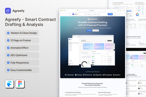现代极简AI智能合约分析起草数据博客内容管理框架网站布局APP移动应用UI设计套件Agreefy – Landing Page AI Startup & Business Framer-第7845期-