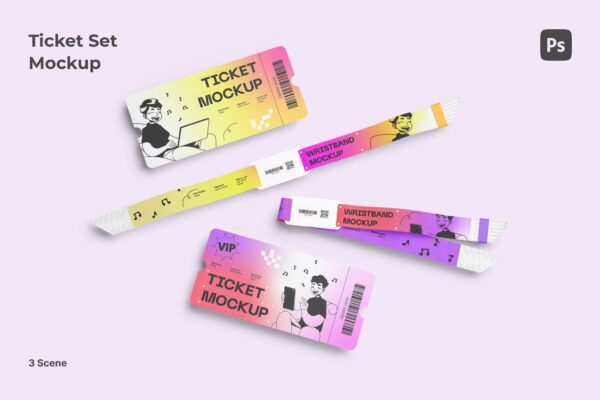 3款演唱会演出艺术节展览文创周边手环腕带门票PSD样机Wristband Ticket Mockup