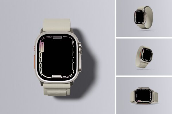 4款极简Apple Watch Ultra智能手表UI表盘界面设计展示PSD样机Apple Watch Ultra Mockup