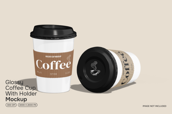 现代极简纸杯咖啡杯饮料杯外卖杯奶茶杯杯套PSD样机Glossy Coffee Cup With Holder Mockup