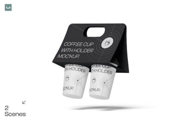 2款极简手提盒打包纸杯咖啡杯外卖杯奶茶杯PSD样机Coffee Cup with Holder Mockup | 004