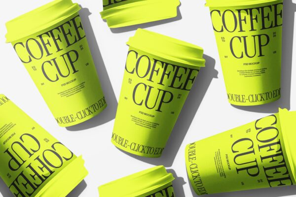 极简平铺俯视图纸杯咖啡杯外卖杯奶茶杯PSD样机Brand Coffee Cup Mockup