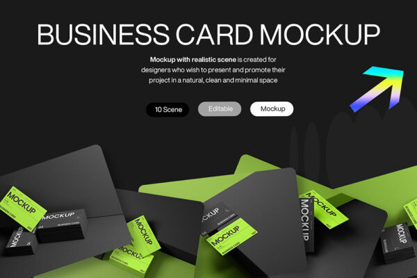 10款现代极简名片卡片品牌VI设计展示PSD样机套装Modern Black and Green Business Card Mockup Template-第7869期-