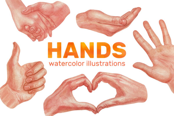 5款趣味手绘水彩手势插画PNG免扣图片Hands – Watercolor Illustrations