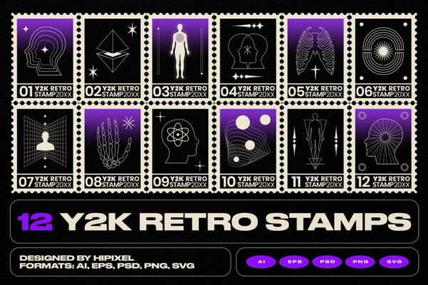 12款复古Y2K科技邮票排版插画矢量图形设计Y2K Retro Stamps