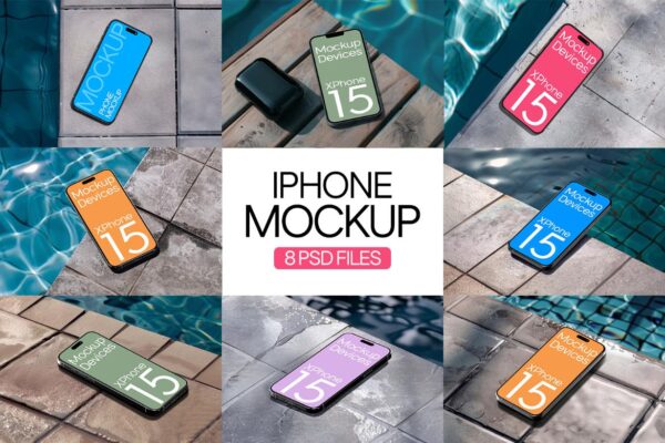 7款现代泳池边iPhone 15 手机UI屏幕界面UI设计展示PSD样机iPhone Mock-Up in Luxurious Poolside