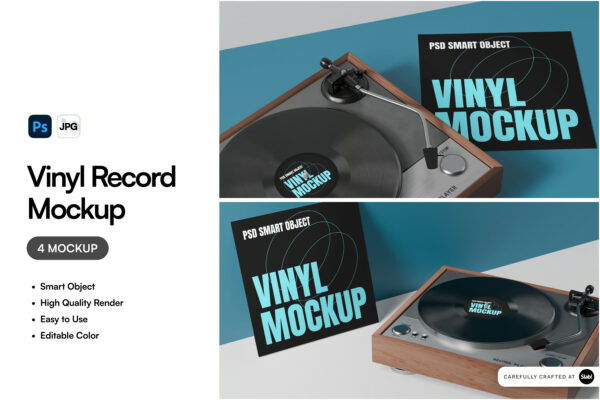 现代极简黑胶唱片CD机器音乐专辑封面设计展示PSD样机Vinyl Record Mockup