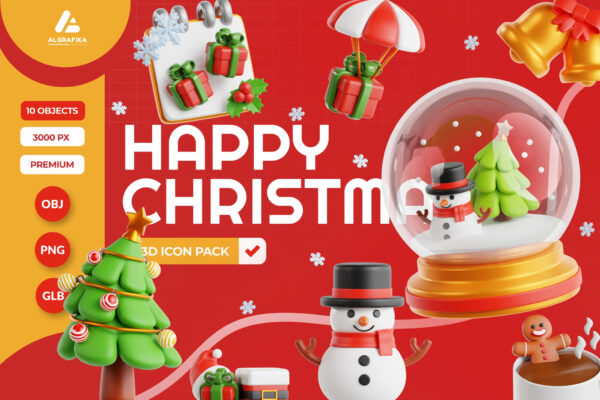 10款3D趣味卡通圣诞节icon图标PNG插画插图OBJ模型Happy Christmas Day 3D Icon