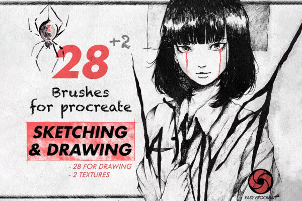 28款真实文身铅笔素描动漫Procreate绘画笔刷预设套装Sketching & Drawing Procreate Bundle-第8049期-