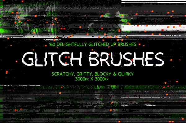 复古艺术信号失真扭曲故障像素PS肌理纹理图片叠加笔刷Glitch Brushe