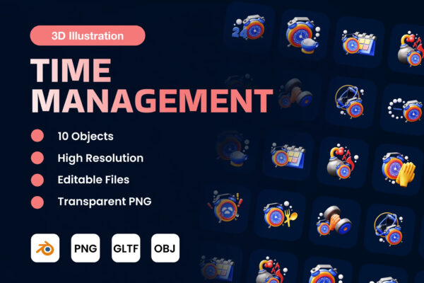 10款时间管理日历闹钟icon图标PNG插画Blender模型设计套装Time Management 3D Illustration