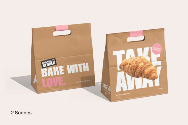 极简手提外卖面包食品包装纸袋包装袋PSD样机Paper Bag Mockup