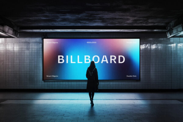 现代地下通道地铁发光灯箱banner广告牌横幅海报设计展示PSD样机Subway Billboard Screen Mockup