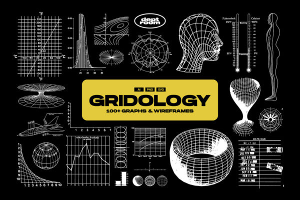 100款复古科学未来主义地球仪线框图科幻AI矢量元素PNG插画图片设计套装GRIDOLOGY | 100 Graphs & Wireframes-第8179期-
