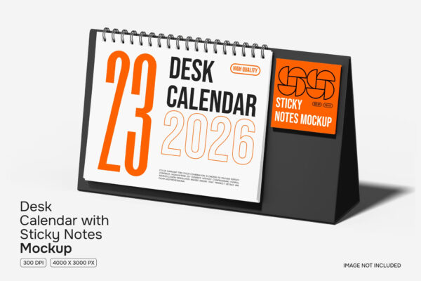 极简带便笺贴纸的台历日历设计展示PSD样机Desk Calendar with Sticky Notes Mockup