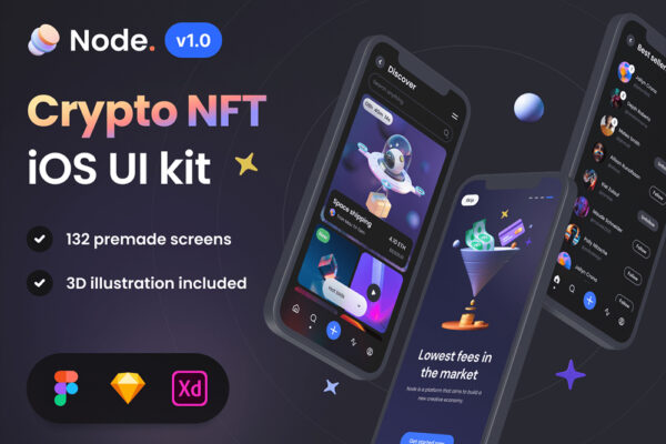 现代极简加密货币NFT市场虚拟交易APP移动应用UI设计套件Figma/Sketch/XD模板Node – Crypto NFT iOS UI Kit