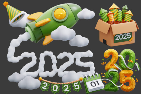 25款3D趣味卡通2025新年跨年庆祝物品icon图标PNG插画插图Blender模型设计套装New Year 2025 3D Icon Pack-第8207期-