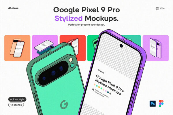 9款现代极简Google Pixel 9 Pro谷歌安卓手机UI屏幕界面壁纸广告设计展示PSD/figma样机Google Pixel 9 Pro Stylized Mockups-第8223期-