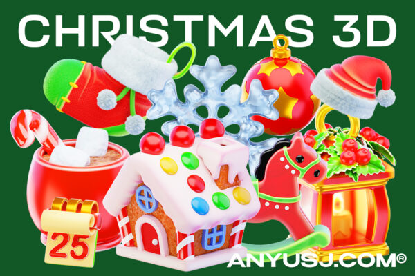 30款3D圣诞节新年跨年icon图标PNG插画插图Blender模型设计套装Christmas 3D Icon Pack-第8246期-