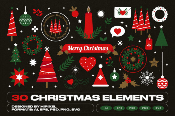 30款圣诞节趣味卡通手绘贴纸AI矢量插画插图PNG元素设计套装Christmas Elements Collection