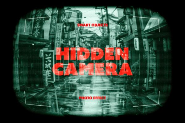 复古隐蔽相机相框CRT像素屏幕特效叠加PSD样机Hidden Camera Photo Effect