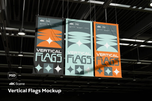 极简室内会场垂直悬挂旗帜广告logo徽标设计展示PSD样机Vertical Flags Mockup