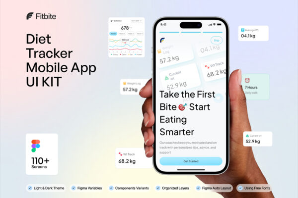 110+现代极简电子钱包金融移动APP应用程序Figma布局UI设计套件FitBite – Diet Tracker Mobile App UI KIT-第8297期-