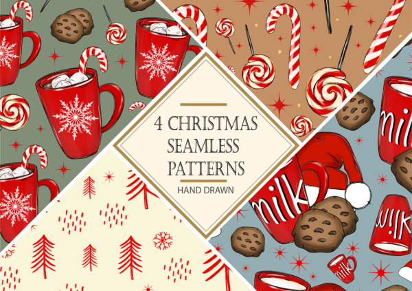 4款圣诞节趣味卡通手绘插画无缝图案插图背景印花设计Christmas Seamless Patterns