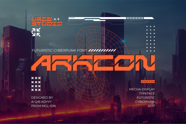 未来主义赛博朋克标题排版logo徽标无衬线装饰西文英文字体ARKCON – Futuristic Cyberpunk Font