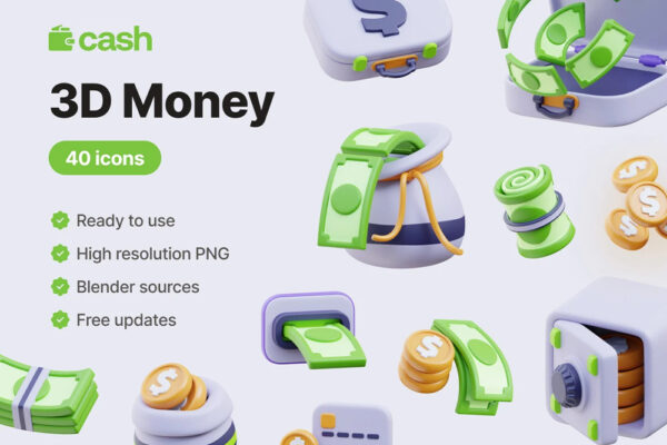 40款3D金融货币硬币符号icon图标PNG插画Blender模型设计套装Cash – Money 3D Icons