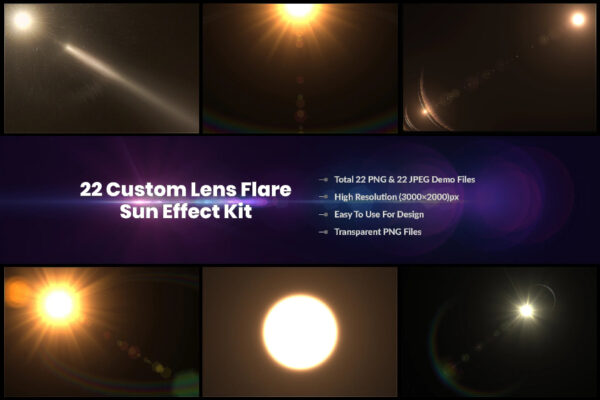 44款宇宙光晕光影光芒闪光星芒PNG叠加元素图片Kit Sun Effect 22 Custom Lens Flare